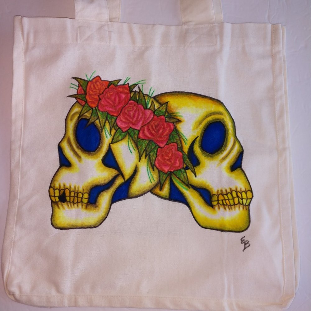 Hand-Painted Skull Tote Bag: Floral Rose Skulls, Reusable Canvas - Picture 15 of 16
